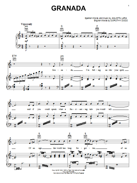 Learn to play Agustin Lara Granada sheet music for Piano, Vocal & Guitar (Right-Hand Melody) in minutes. Agustin Lara Granada sheet music notes and chords