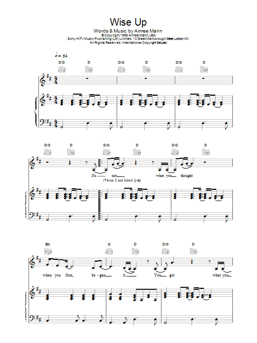Learn to play Aimee Mann Wise Up (from Magnolia) sheet music for Piano, Vocal & Guitar in minutes. Aimee Mann Wise Up (from Magnolia) sheet music preview music notes and score for Piano, Vocal & Guitar including 5 page(s)