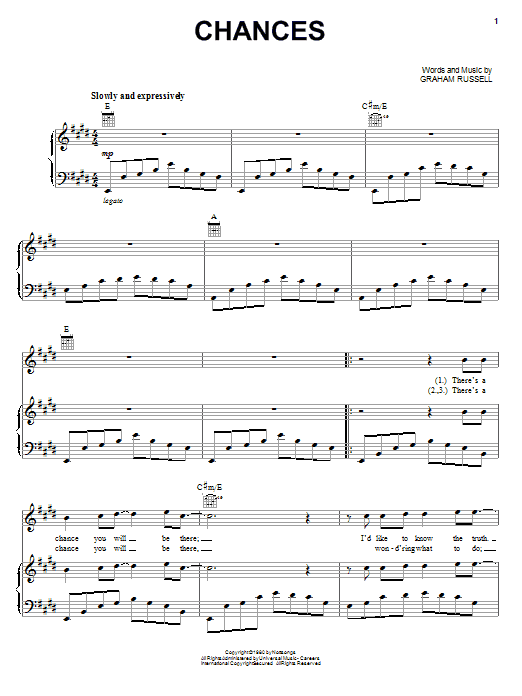 Learn to play Air Supply Chances sheet music for Piano, Vocal & Guitar (Right-Hand Melody) in minutes. Air Supply Chances sheet music preview music notes and score for Piano, Vocal & Guitar (Right-Hand Melody) including 4 page(s)