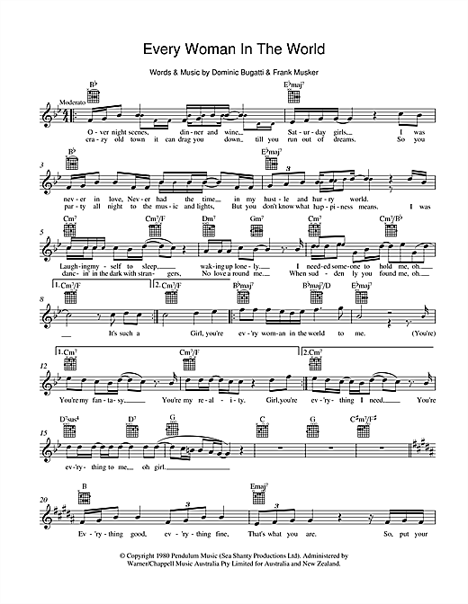 Learn to play Air Supply Every Woman In The World sheet music for Melody Line, Lyrics & Chords in minutes. Air Supply Every Woman In The World sheet music preview music notes and score for Melody Line, Lyrics & Chords including 2 page(s)
