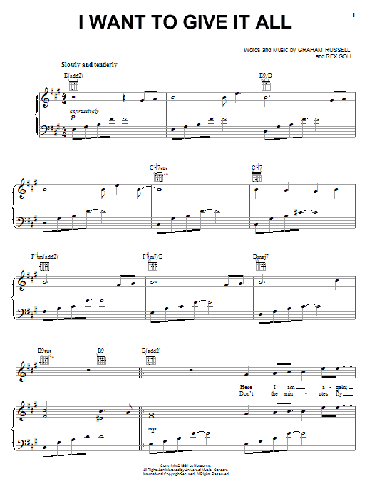 Learn to play Air Supply I Want To Give It All sheet music for Piano, Vocal & Guitar (Right-Hand Melody) in minutes. Air Supply I Want To Give It All sheet music preview music notes and score for Piano, Vocal & Guitar (Right-Hand Melody) including 5 page(s)