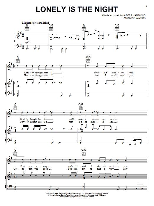 Learn to play Air Supply Lonely Is The Night sheet music for Piano, Vocal & Guitar (Right-Hand Melody) in minutes. Air Supply Lonely Is The Night sheet music preview music notes and score for Piano, Vocal & Guitar (Right-Hand Melody) including 5 page(s)