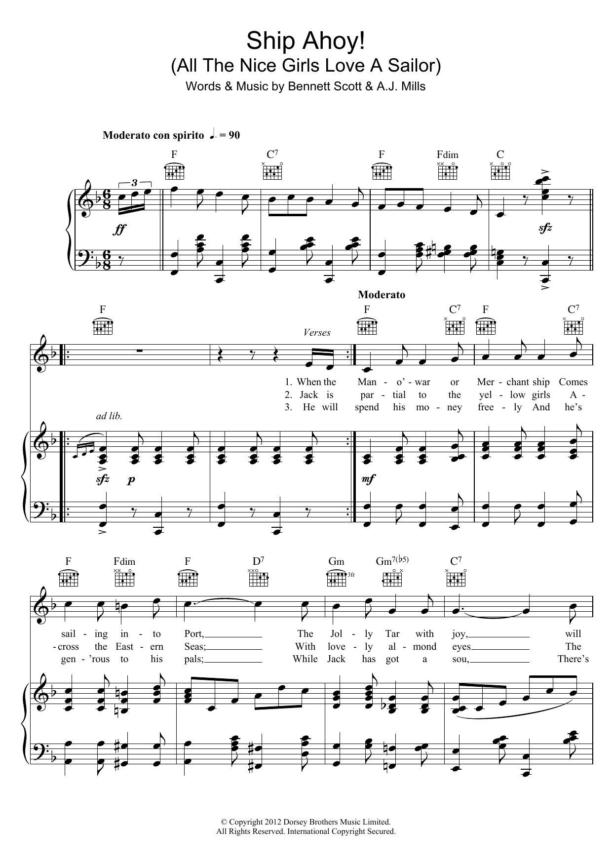 Scott & Mills Ship Ahoy! (All The Nice Girls Love A Sailor) sheet music, chords, lyrics - Printable PDF for Piano, Vocal & Guitar