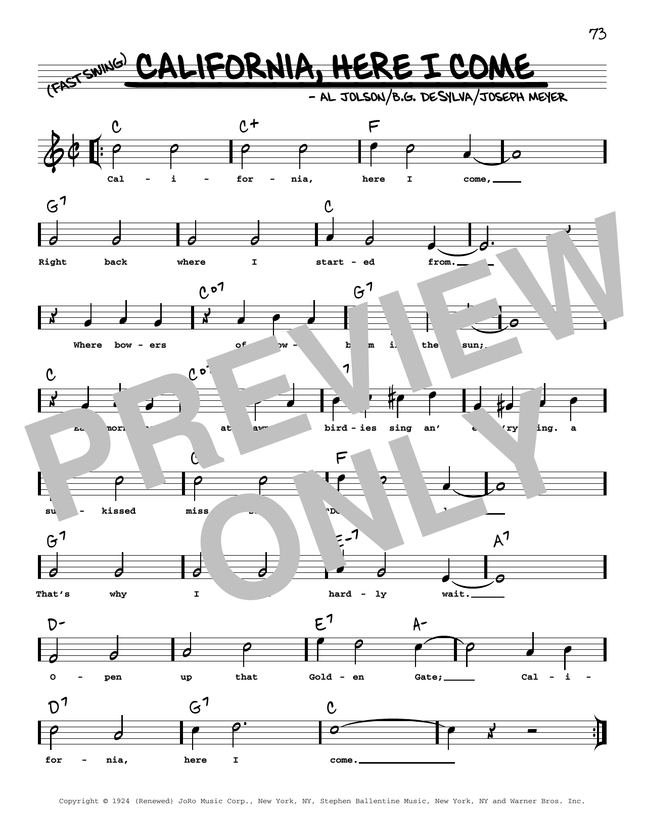 Al Jolson California, Here I Come (arr. Robert Rawlins) sheet music, chords, lyrics - Printable PDF for Real Book – Melody, Lyrics & Chords