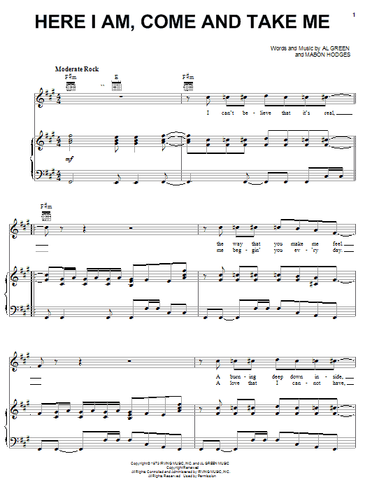 Learn to play Al Green Here I Am, Come And Take Me sheet music for Piano, Vocal & Guitar (Right-Hand Melody) in minutes. Al Green Here I Am, Come And Take Me sheet music notes and chords