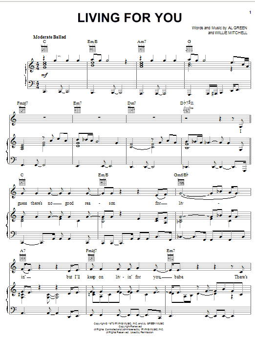 Learn to play Al Green Living For You sheet music for Piano, Vocal & Guitar (Right-Hand Melody) in minutes. Al Green Living For You sheet music notes and chords