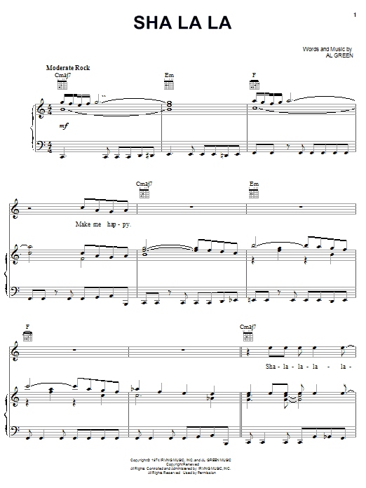 Learn to play Al Green Sha La La sheet music for Piano, Vocal & Guitar (Right-Hand Melody) in minutes. Al Green Sha La La sheet music preview music notes and score for Piano, Vocal & Guitar (Right-Hand Melody) including 7 page(s)