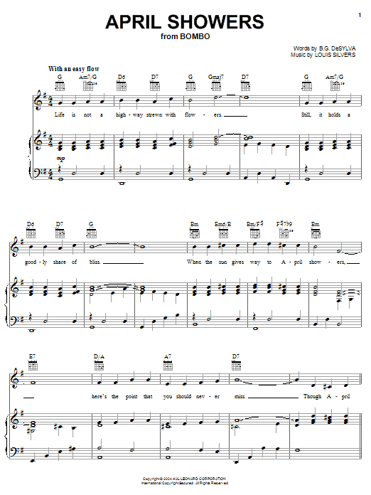 Learn to play Al Jolson April Showers sheet music for Piano, Vocal & Guitar (Right-Hand Melody) in minutes. Al Jolson April Showers sheet music preview music notes and score for Piano, Vocal & Guitar (Right-Hand Melody) including 3 page(s)