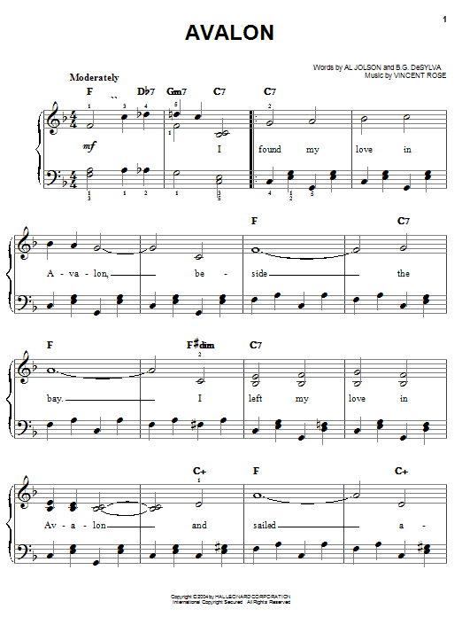 Learn to play Al Jolson Avalon sheet music for Easy Piano in minutes. Al Jolson Avalon sheet music preview music notes and score for Easy Piano including 2 page(s)