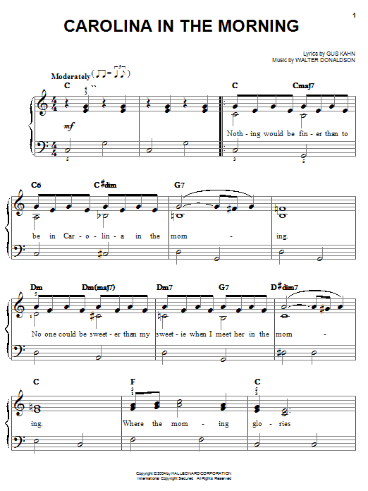 Learn to play Al Jolson Carolina In The Morning sheet music for Easy Piano in minutes. Al Jolson Carolina In The Morning sheet music preview music notes and score for Easy Piano including 3 page(s)