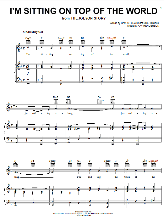 Al Jolson I'm Sitting On Top Of The World sheet music preview music notes and score for Piano, Vocal & Guitar (Right-Hand Melody) including 3 page(s)