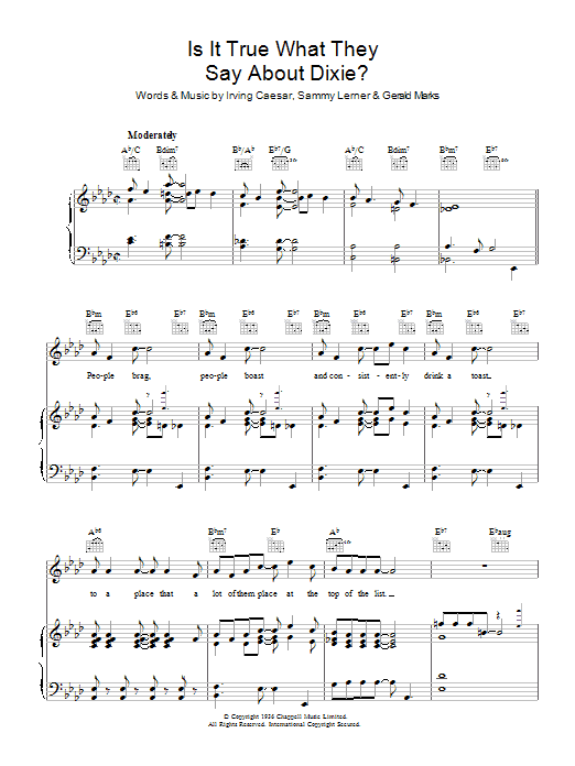 Learn to play Al Jolson Is It True What They Say About Dixie? sheet music for Piano, Vocal & Guitar (Right-Hand Melody) in minutes. Al Jolson Is It True What They Say About Dixie? sheet music preview music notes and score for Piano, Vocal & Guitar (Right-Hand Melody) including 5 page(s)