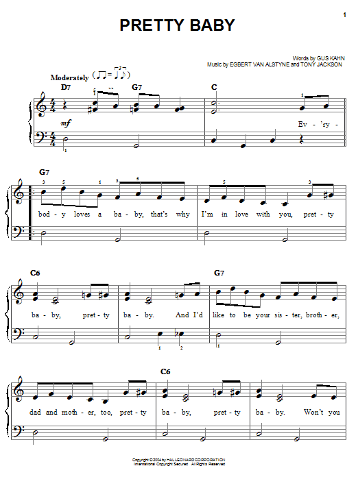 Learn to play Al Jolson Pretty Baby sheet music for Easy Piano in minutes. Al Jolson Pretty Baby sheet music preview music notes and score for Easy Piano including 2 page(s)