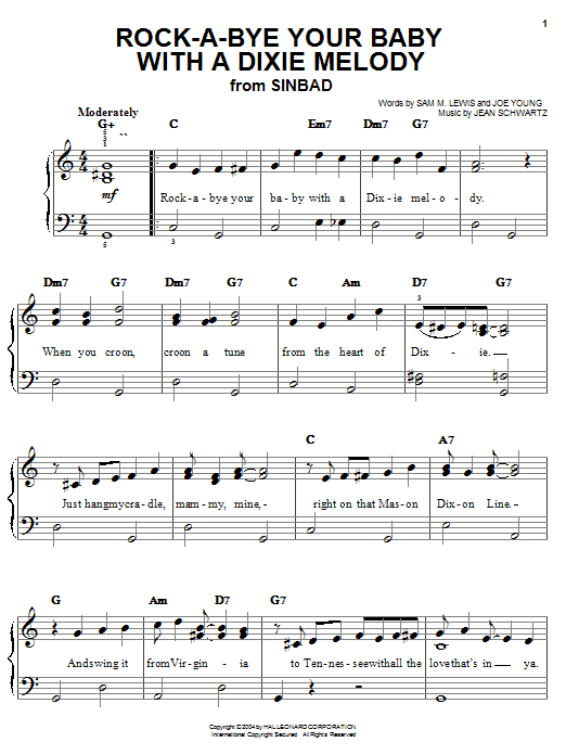 Learn to play Al Jolson Rock-A-Bye Your Baby With A Dixie Melody sheet music for Easy Piano in minutes. Al Jolson Rock-A-Bye Your Baby With A Dixie Melody sheet music preview music notes and score for Easy Piano including 2 page(s)