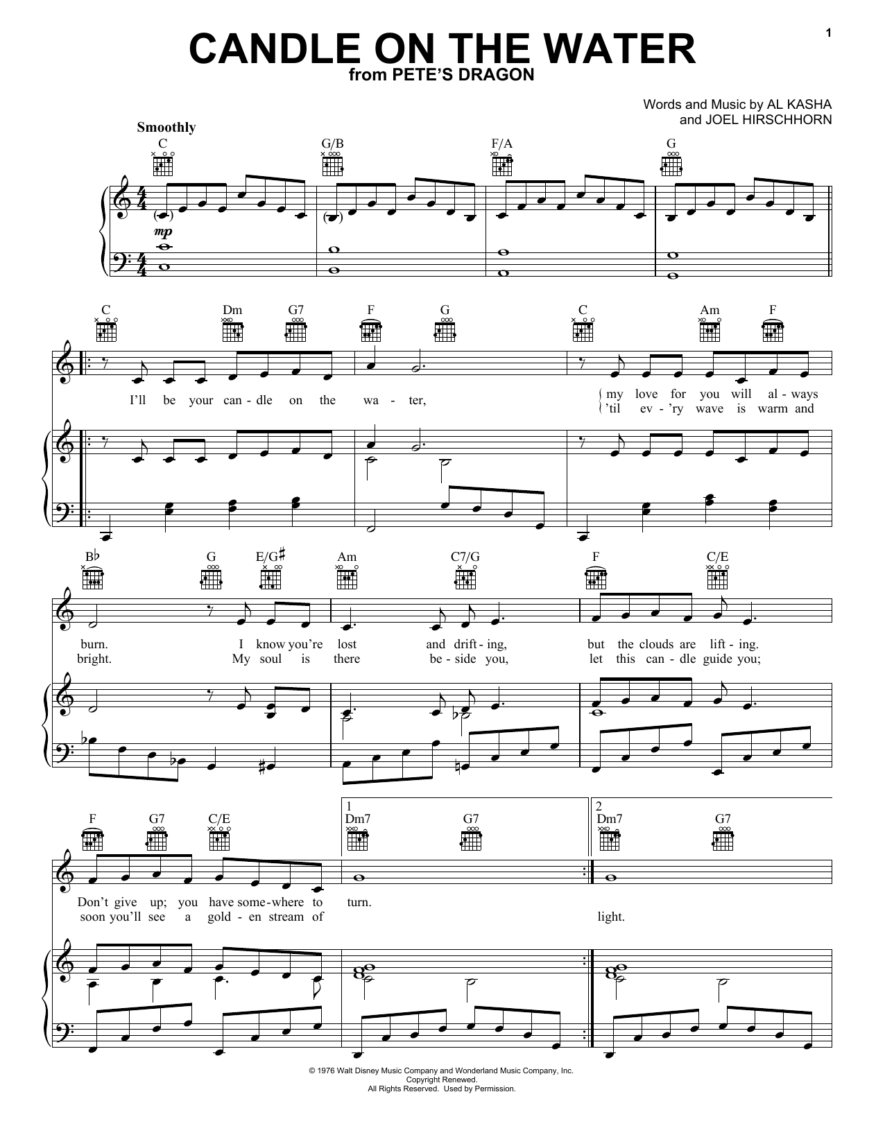 Learn to play Kasha & Hirschhorn Candle On The Water (from Walt Disney's Pete's Dragon) sheet music for Piano, Vocal & Guitar (Right-Hand Melody) in minutes. Kasha & Hirschhorn Candle On The Water (from Walt Disney's Pete's Dragon) sheet music notes and chords