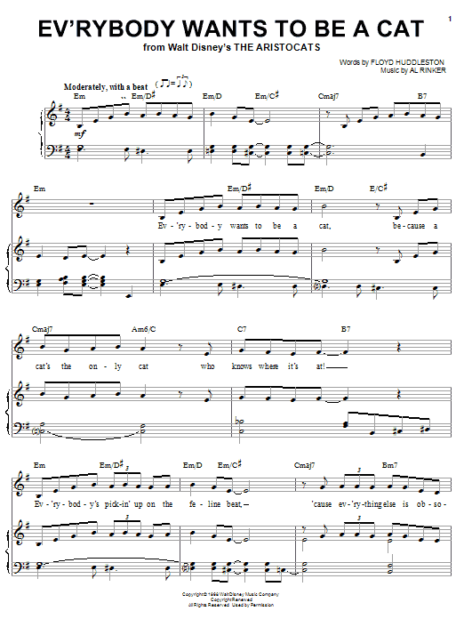 Learn to play Al Rinker Ev'rybody Wants To Be A Cat (from Walt Disney's The Aristocats) sheet music for Piano, Vocal & Guitar (Right-Hand Melody) in minutes. Al Rinker Ev'rybody Wants To Be A Cat (from Walt Disney's The Aristocats) sheet music notes and chords
