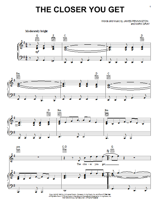 Learn to play Alabama The Closer You Get sheet music for Piano, Vocal & Guitar (Right-Hand Melody) in minutes. Alabama The Closer You Get sheet music preview music notes and score for Piano, Vocal & Guitar (Right-Hand Melody) including 7 page(s)