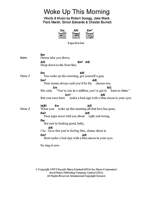 Learn to play Alabama 3 Woke Up This Morning (Theme from The Sopranos) sheet music for Lyrics & Chords in minutes. Alabama 3 Woke Up This Morning (Theme from The Sopranos) sheet music notes and chords
