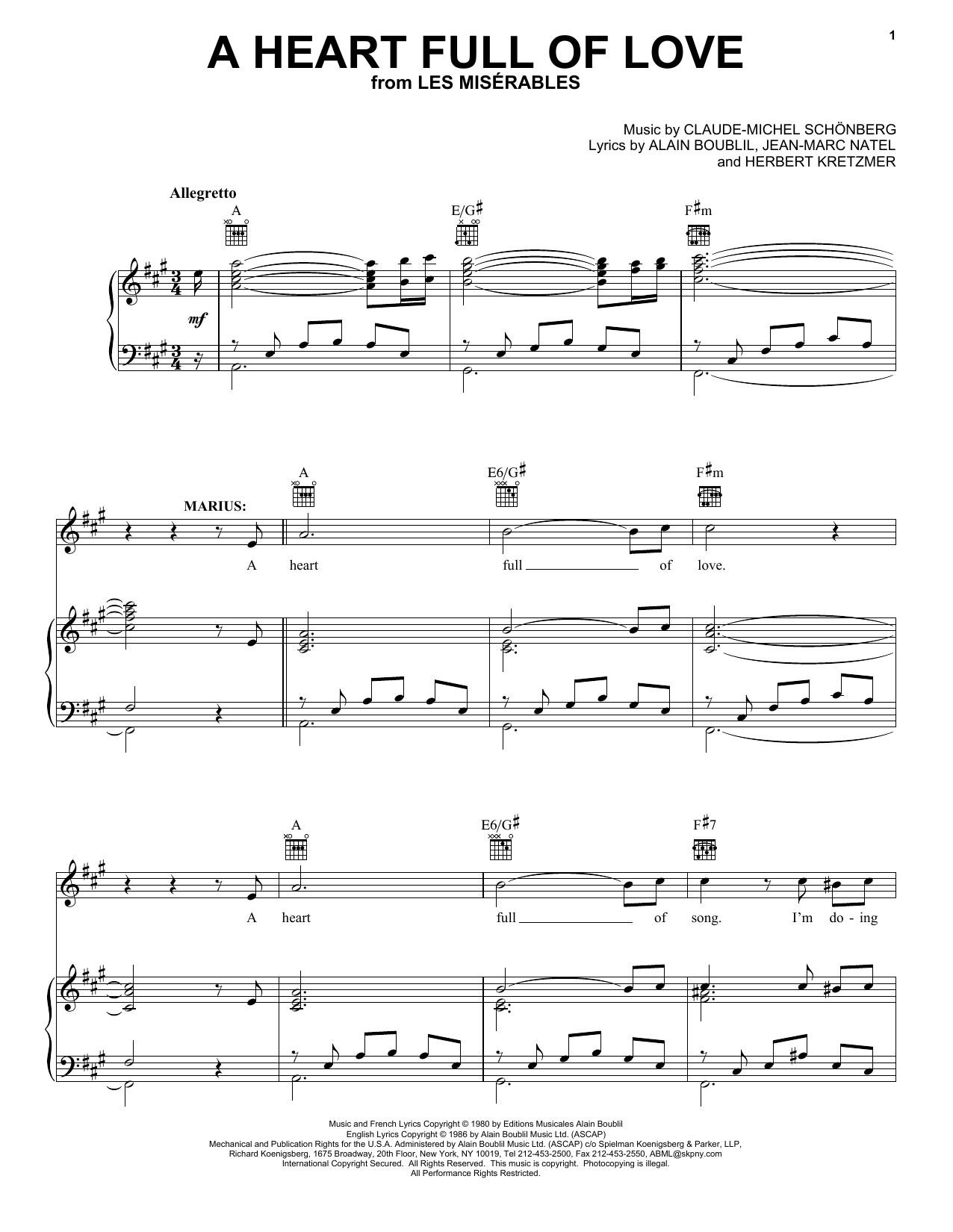 Learn to play Boublil and Schonberg A Heart Full Of Love (from Les Miserables) sheet music for Piano, Vocal & Guitar in minutes. Boublil and Schonberg A Heart Full Of Love (from Les Miserables) sheet music preview music notes and score for Piano, Vocal & Guitar including 4 page(s)