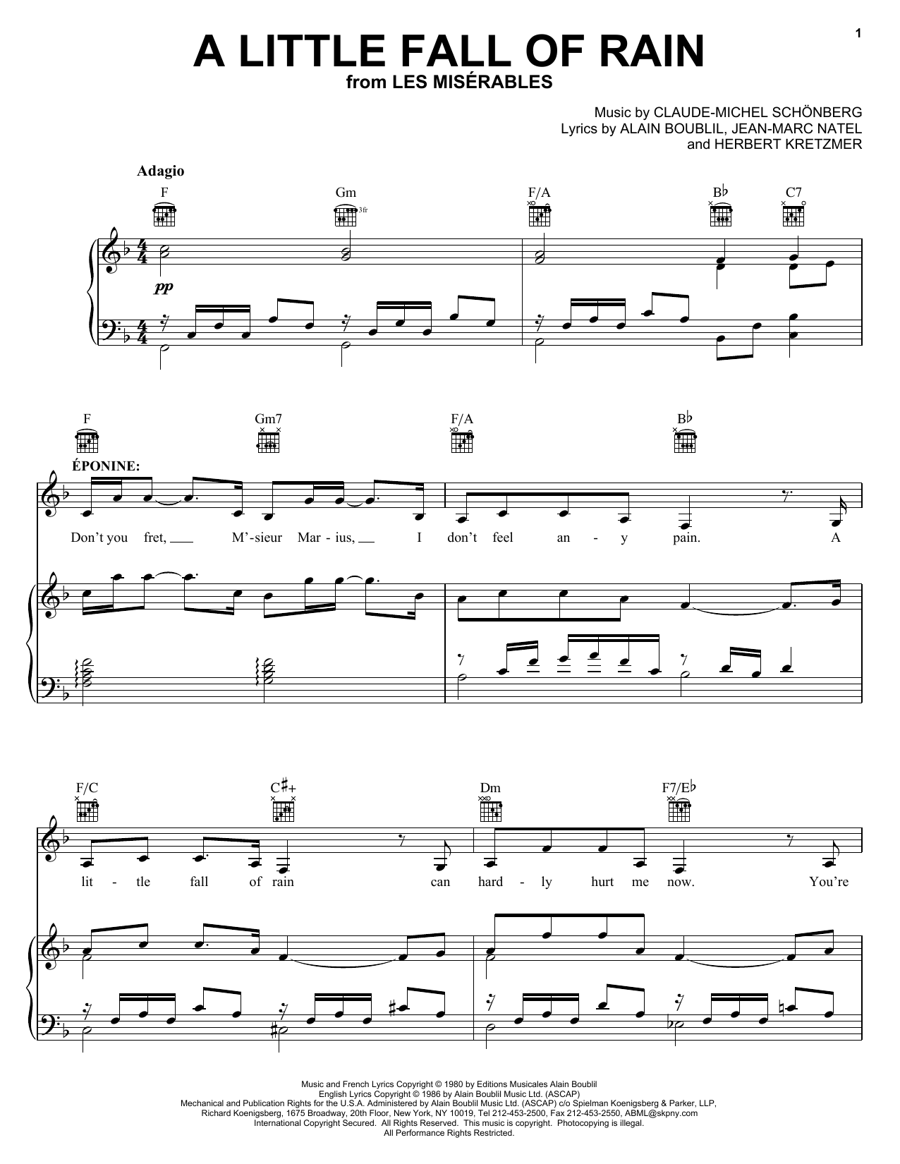 Boublil and Schonberg A Little Fall Of Rain (from Les Miserables) sheet music preview music notes and score for Piano, Vocal & Guitar including 8 page(s)