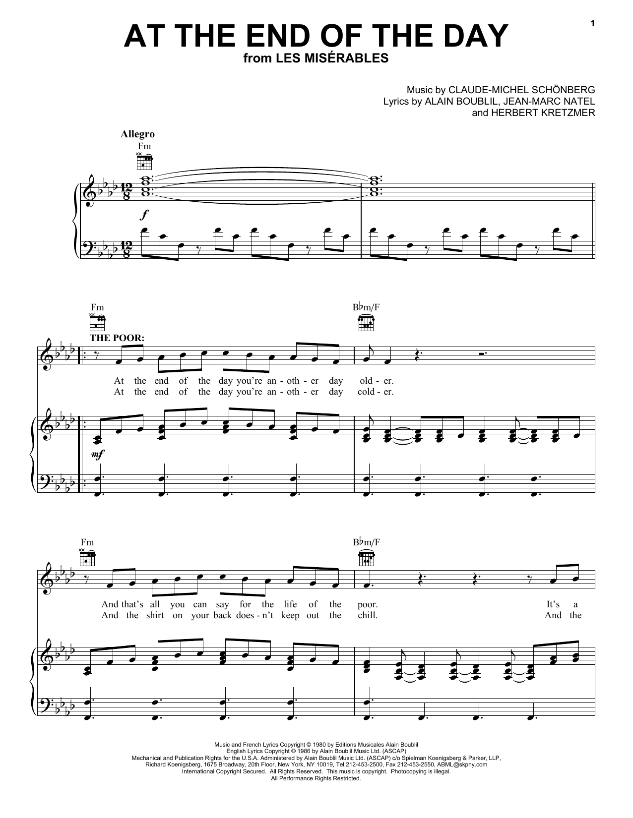 Learn to play Boublil and Schonberg At The End Of The Day (from Les Miserables) sheet music for Piano, Vocal & Guitar in minutes. Boublil and Schonberg At The End Of The Day (from Les Miserables) sheet music preview music notes and score for Piano, Vocal & Guitar including 5 page(s)