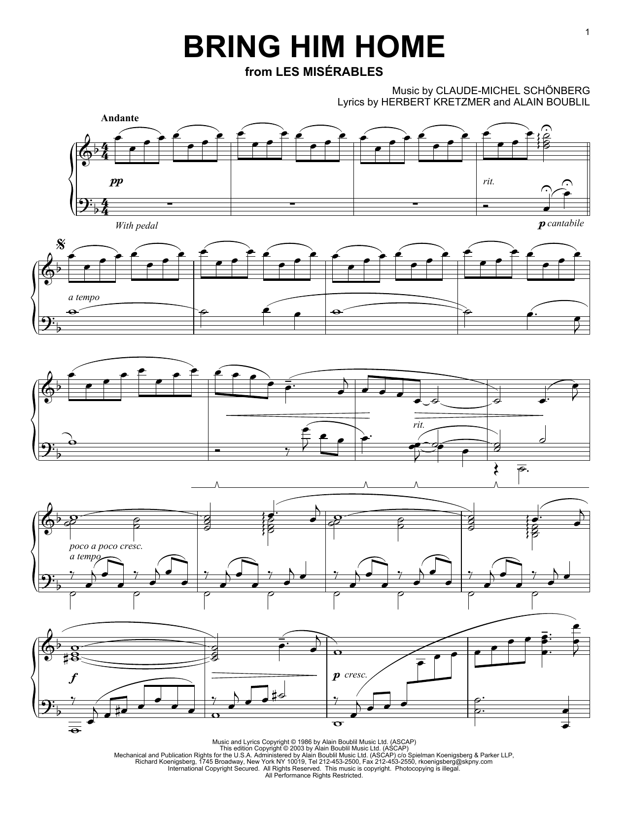 Boublil and Schonberg Bring Him Home sheet music preview music notes and score for Piano including 3 page(s)