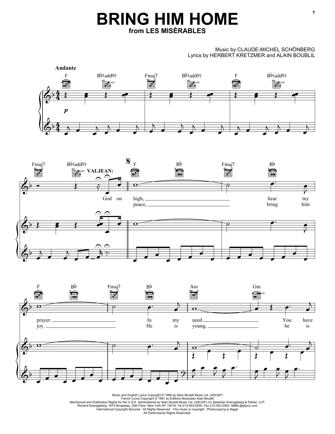 Learn to play Boublil and Schonberg Bring Him Home sheet music for Piano in minutes. Boublil and Schonberg Bring Him Home sheet music preview music notes and score for Piano including 3 page(s)