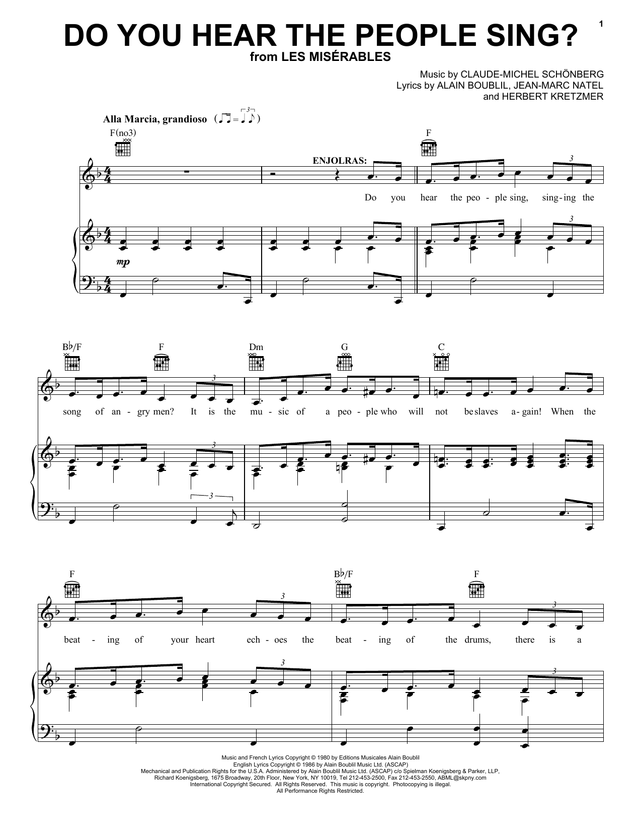 Learn to play Boublil and Schonberg Do You Hear The People Sing? (from Les Miserables) sheet music for Lyrics & Chords in minutes. Boublil and Schonberg Do You Hear The People Sing? (from Les Miserables) sheet music preview music notes and score for Lyrics & Chords including 2 page(s)
