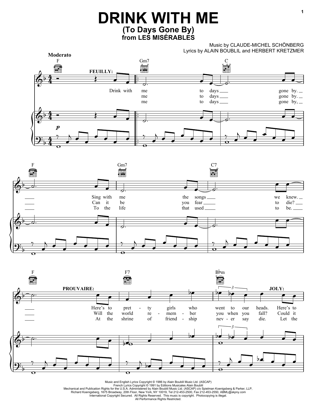 Learn to play Boublil and Schonberg Drink With Me (To Days Gone By) (from Les Miserables) sheet music for Piano, Vocal & Guitar (Right-Hand Melody) in minutes. Boublil and Schonberg Drink With Me (To Days Gone By) (from Les Miserables) sheet music preview music notes and score for Piano, Vocal & Guitar (Right-Hand Melody) including 2 page(s)