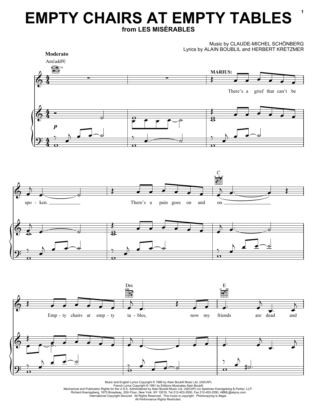 Boublil and Schonberg Empty Chairs At Empty Tables (from Les Miserables) sheet music preview music notes and score for Piano, Vocal & Guitar including 5 page(s)