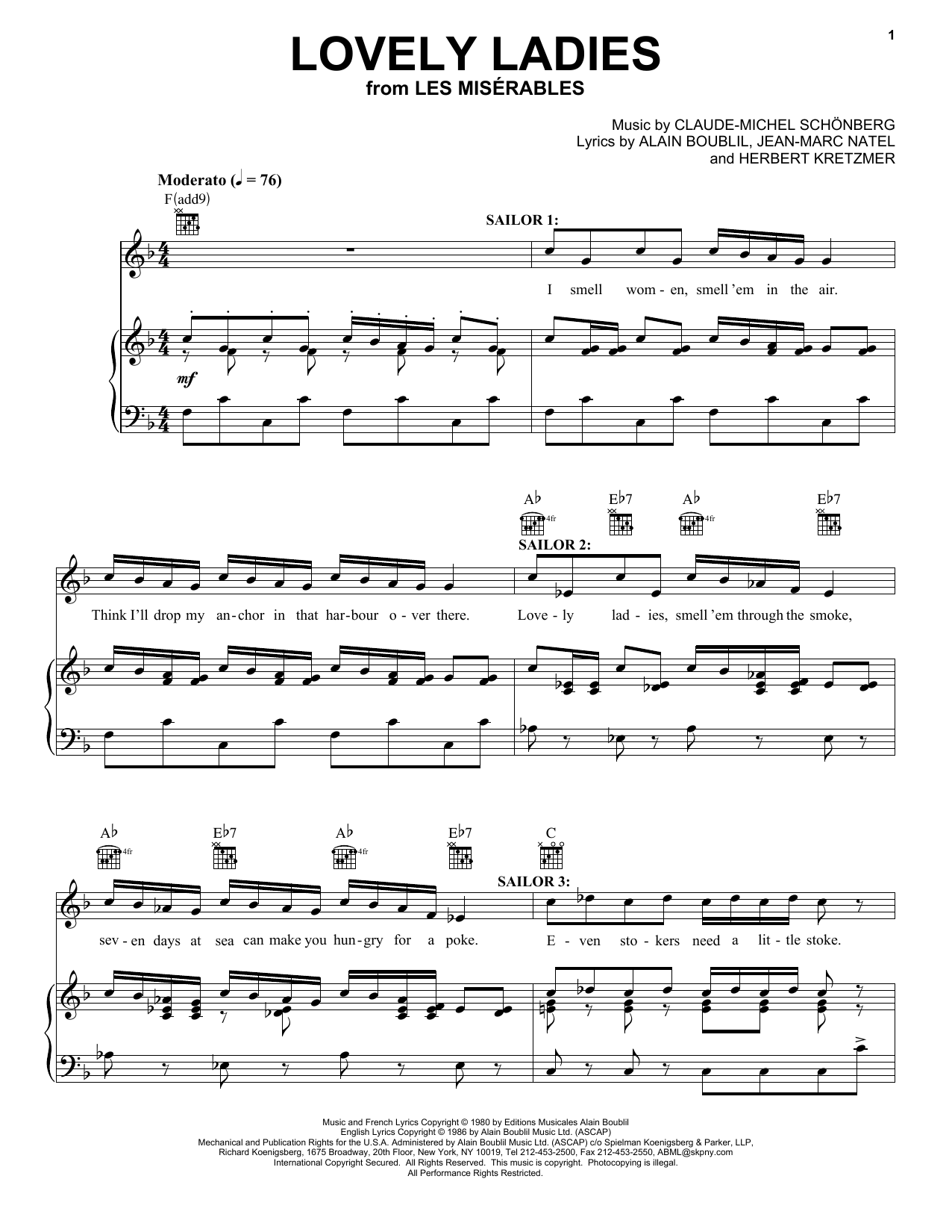Learn to play Boublil and Schonberg Lovely Ladies sheet music for Piano, Vocal & Guitar (Right-Hand Melody) in minutes. Boublil and Schonberg Lovely Ladies sheet music notes and chords
