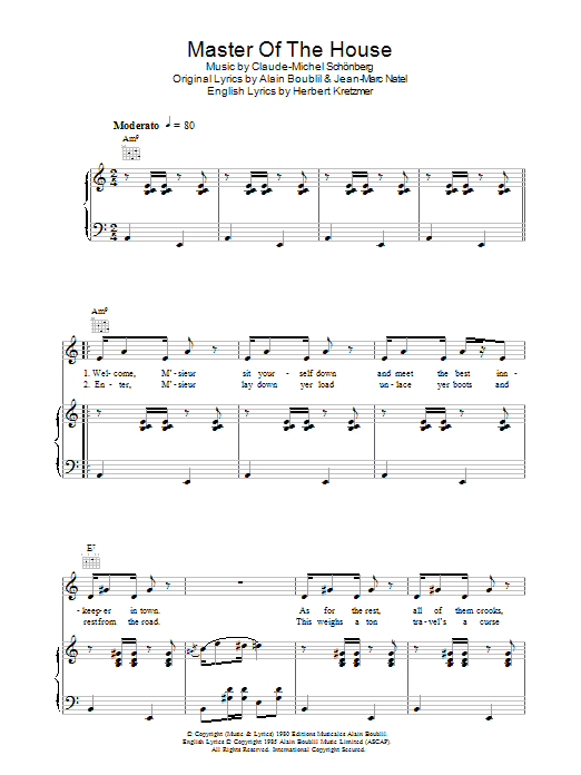 Learn to play Boublil and Schonberg Master Of The House (from Les Miserables) sheet music for Piano, Vocal & Guitar in minutes. Boublil and Schonberg Master Of The House (from Les Miserables) sheet music preview music notes and score for Piano, Vocal & Guitar including 6 page(s)