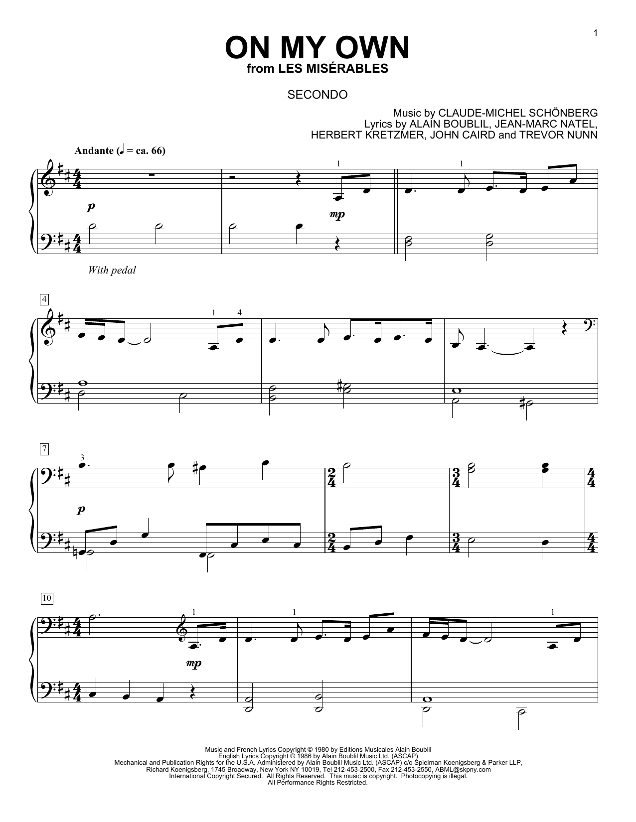 Learn to play Boublil and Schonberg On My Own sheet music for Easy Piano in minutes. Boublil and Schonberg On My Own sheet music preview music notes and score for Easy Piano including 4 page(s)
