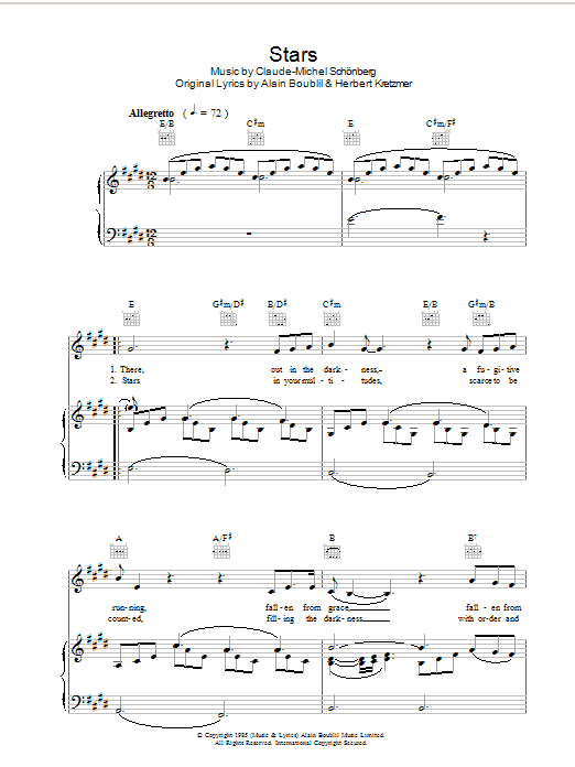 Learn to play Boublil and Schonberg Stars (from Les Miserables) sheet music for Piano, Vocal & Guitar in minutes. Boublil and Schonberg Stars (from Les Miserables) sheet music preview music notes and score for Piano, Vocal & Guitar including 4 page(s)