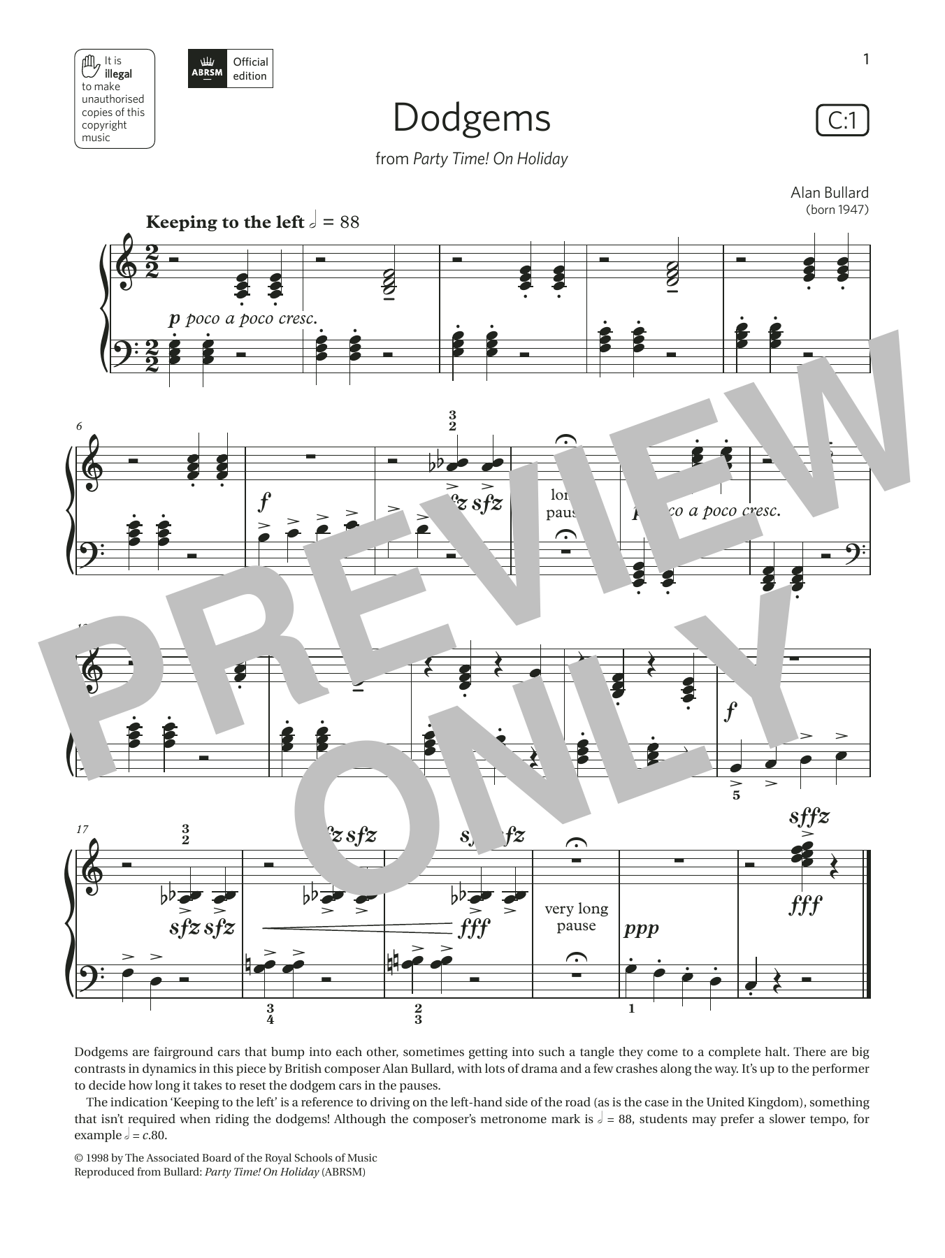 Alan Bullard Dodgems (Grade Initial, list C1, from the ABRSM Piano Syllabus 2021 & 2022) sheet music, chords, lyrics - Printable PDF for Piano Solo