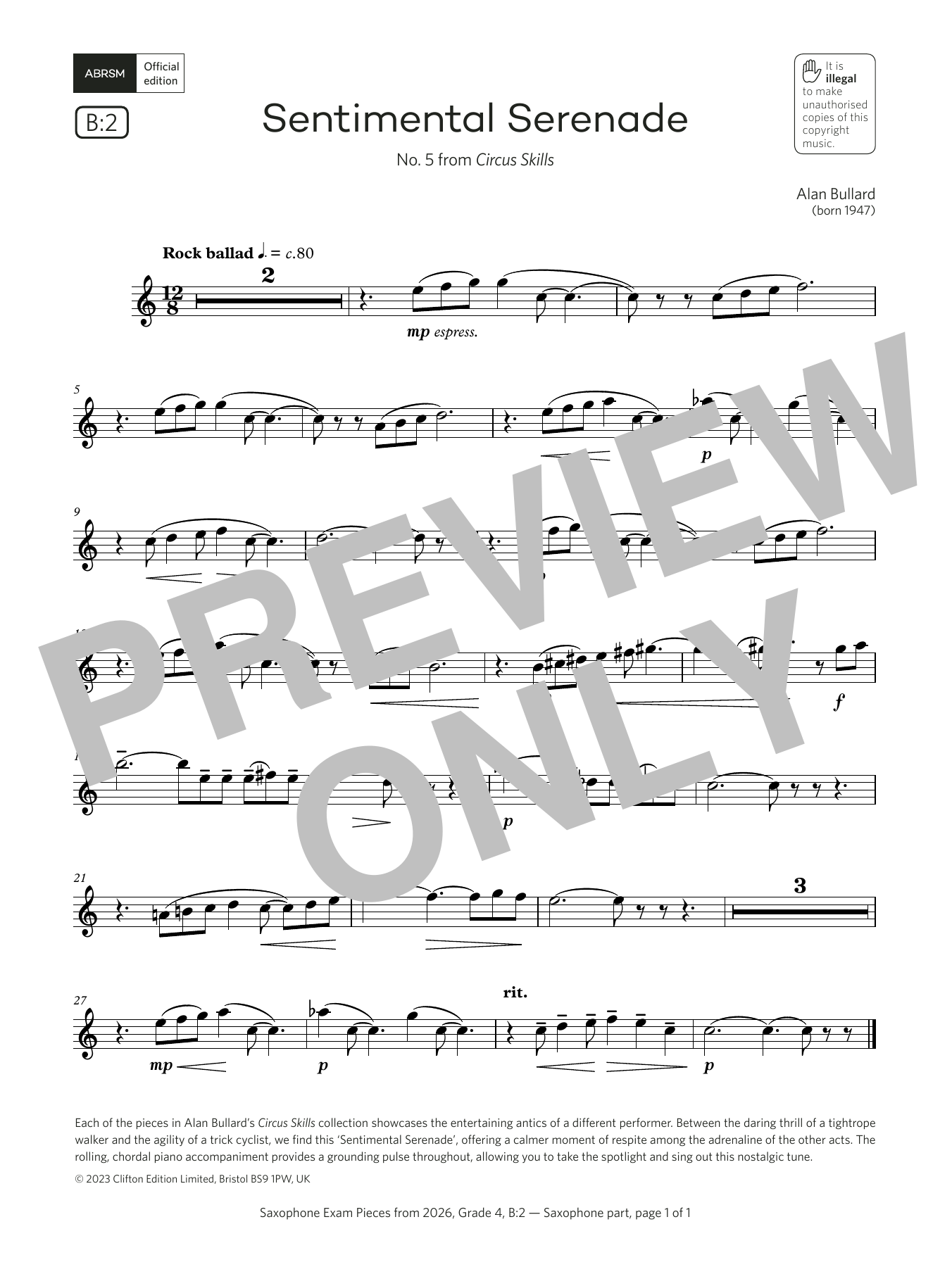 Alan Bullard Sentimental Serenade (Grade 4, list B2, from the ABRSM Saxophone Syllabus from 2026) sheet music, chords, lyrics - Printable PDF for Alto Sax Solo