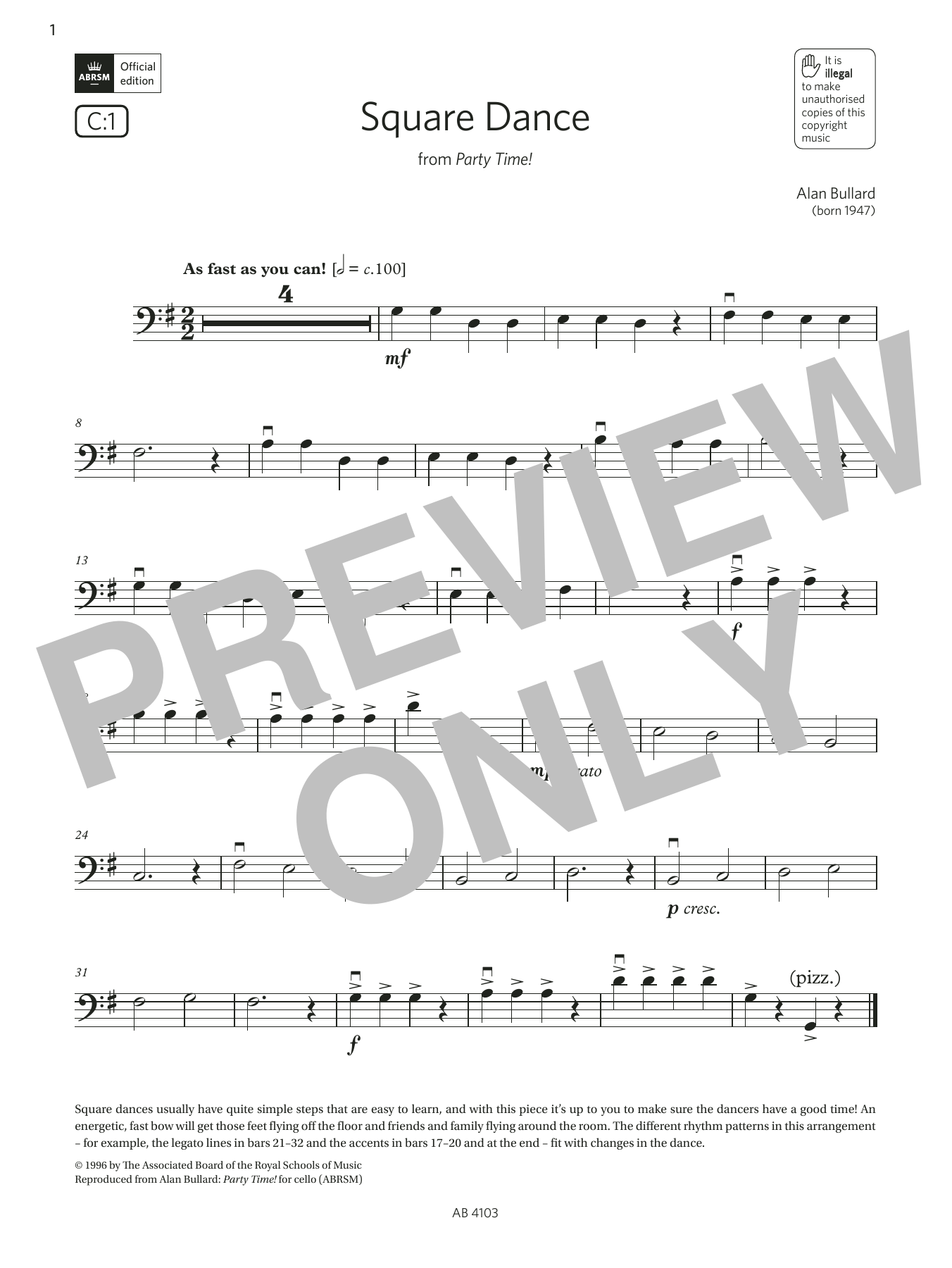 Alan Bullard Square Dance (Grade Initial, C1, from the ABRSM Cello Syllabus from 2024) sheet music, chords, lyrics - Printable PDF for Cello Solo