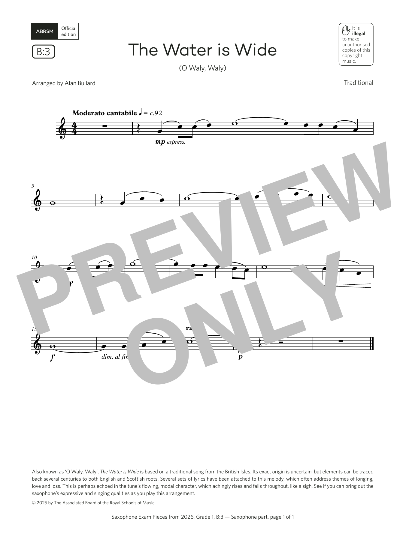 Alan Bullard The Water is Wide (Grade 1, list B3, from the ABRSM Saxophone Syllabus from 2026) sheet music, chords, lyrics - Printable PDF for Alto Sax Solo