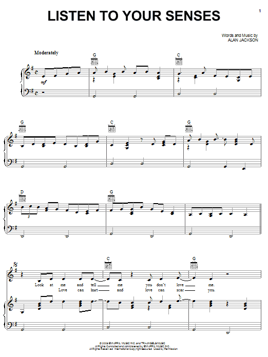 Alan Jackson Listen To Your Senses sheet music, chords, lyrics - Printable PDF for Piano, Vocal & Guitar (Right-Hand Melody)