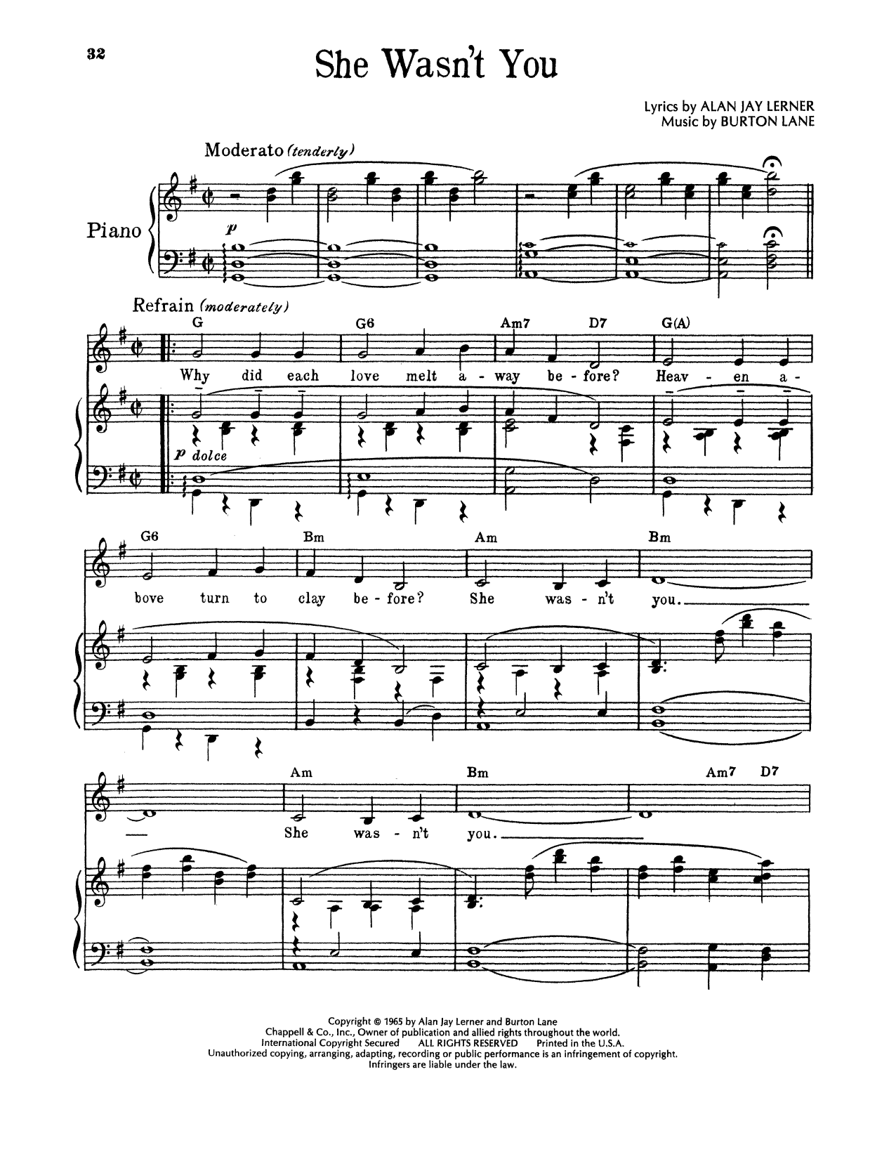 Alan Jay Lerner & Burton Lane She Wasn't You (from On A Clear Day You Can See Forever) sheet music, chords, lyrics - Printable PDF for Piano & Vocal