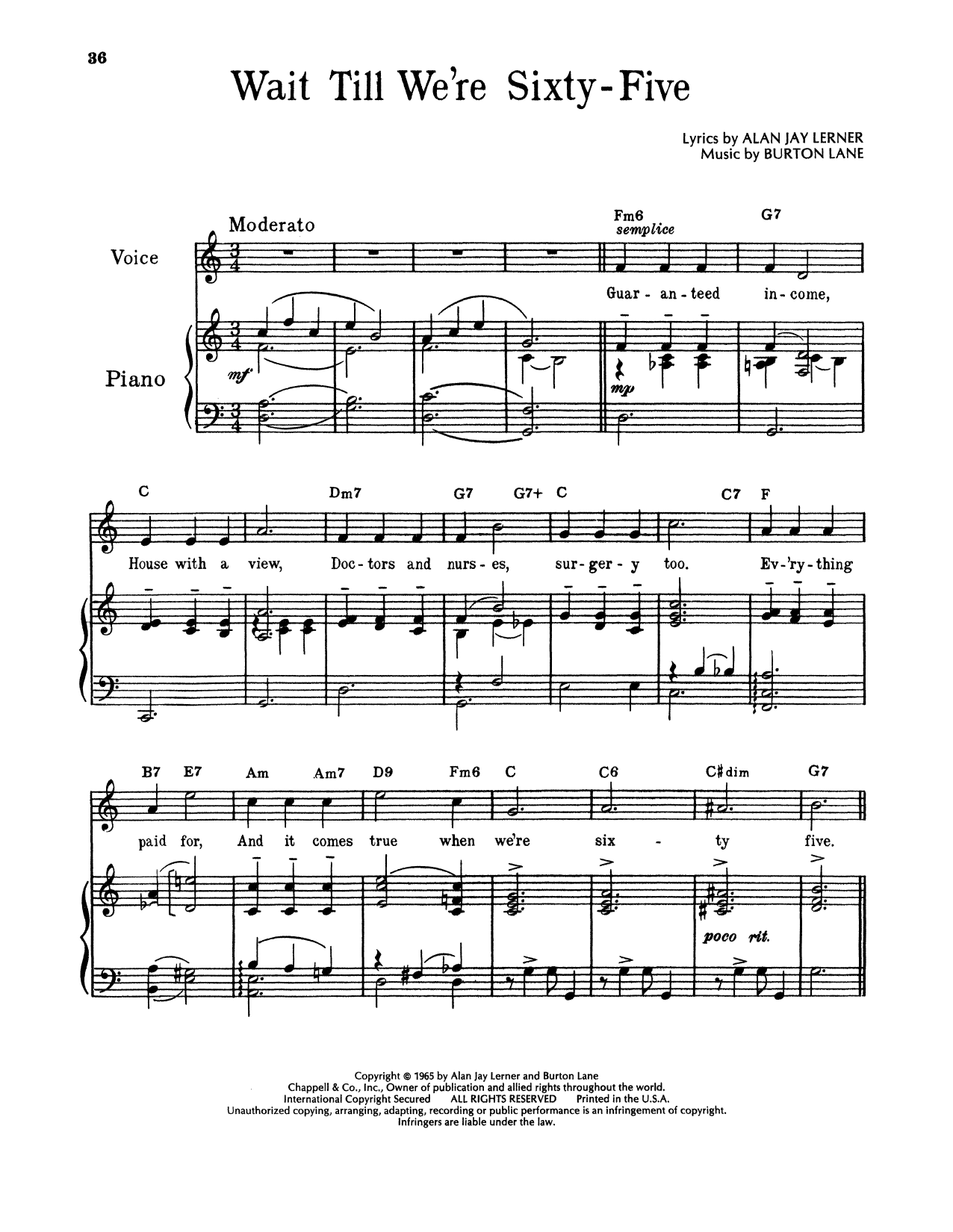 Alan Jay Lerner & Burton Lane Wait Till We're Sixty Five (from On A Clear Day You Can See Forever) sheet music, chords, lyrics - Printable PDF for Piano & Vocal