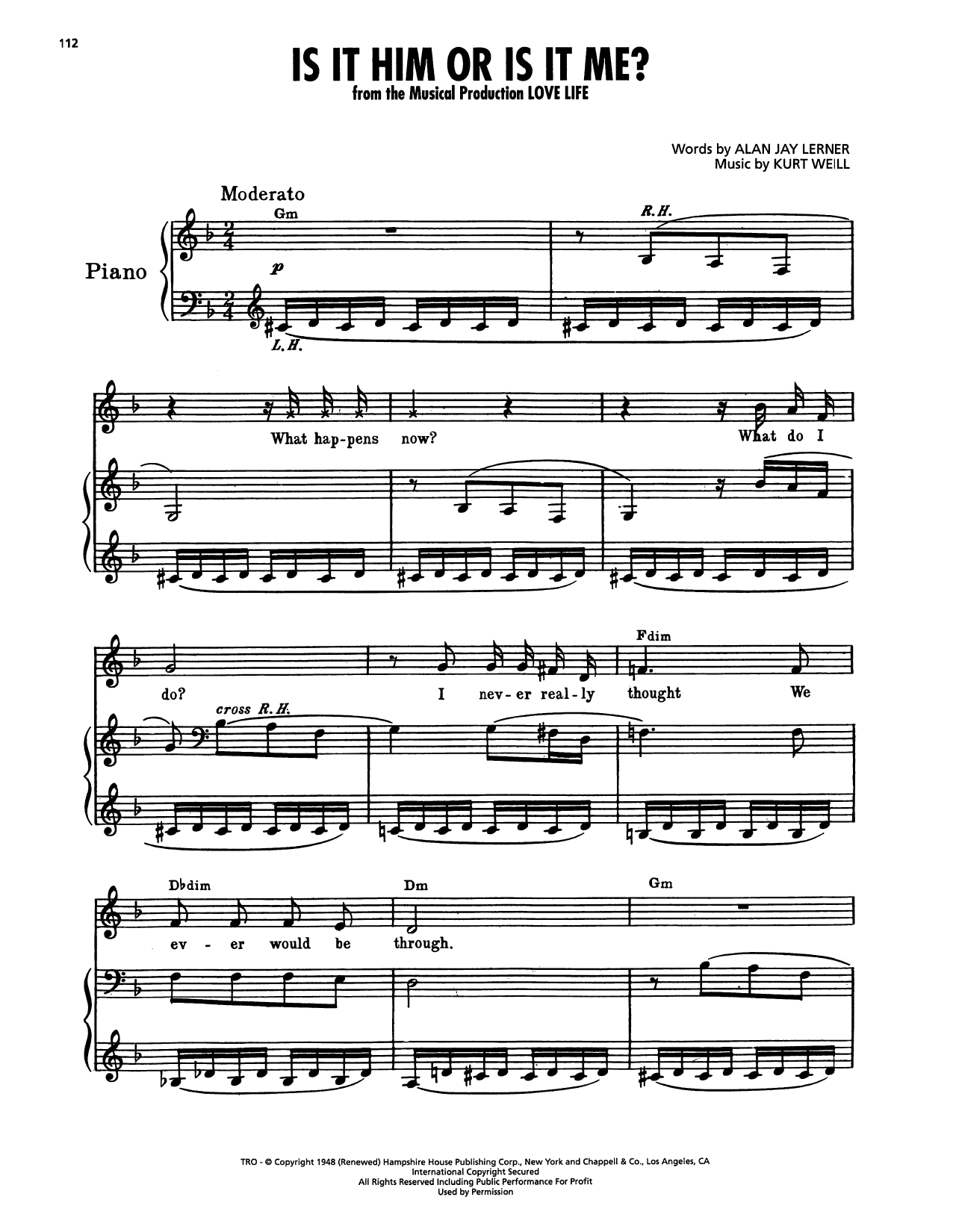 Alan Jay Lerner Is It Him Or Is It Me? (from Love Life) sheet music, chords, lyrics - Printable PDF for Piano, Vocal & Guitar Chords (Right-Hand Melody)