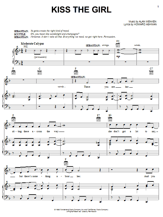 Alan Menken Kiss The Girl sheet music, chords, lyrics - Printable PDF for Piano, Vocal & Guitar (Right-Hand Melody)