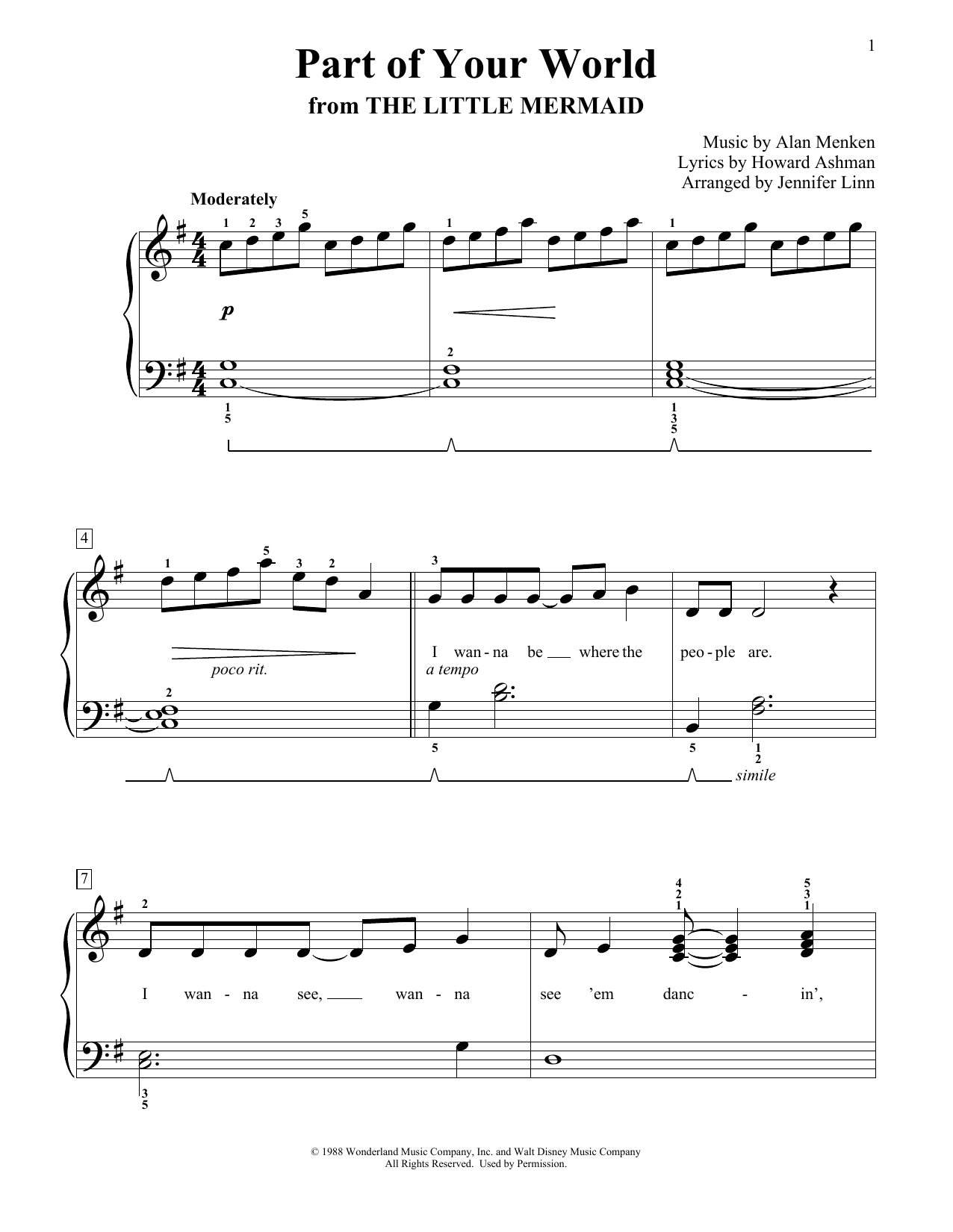 Alan Menken & Howard Ashman Part Of Your World (from The Little Mermaid) (arr. Jennifer Linn) sheet music, chords, lyrics - Printable PDF for Educational Piano