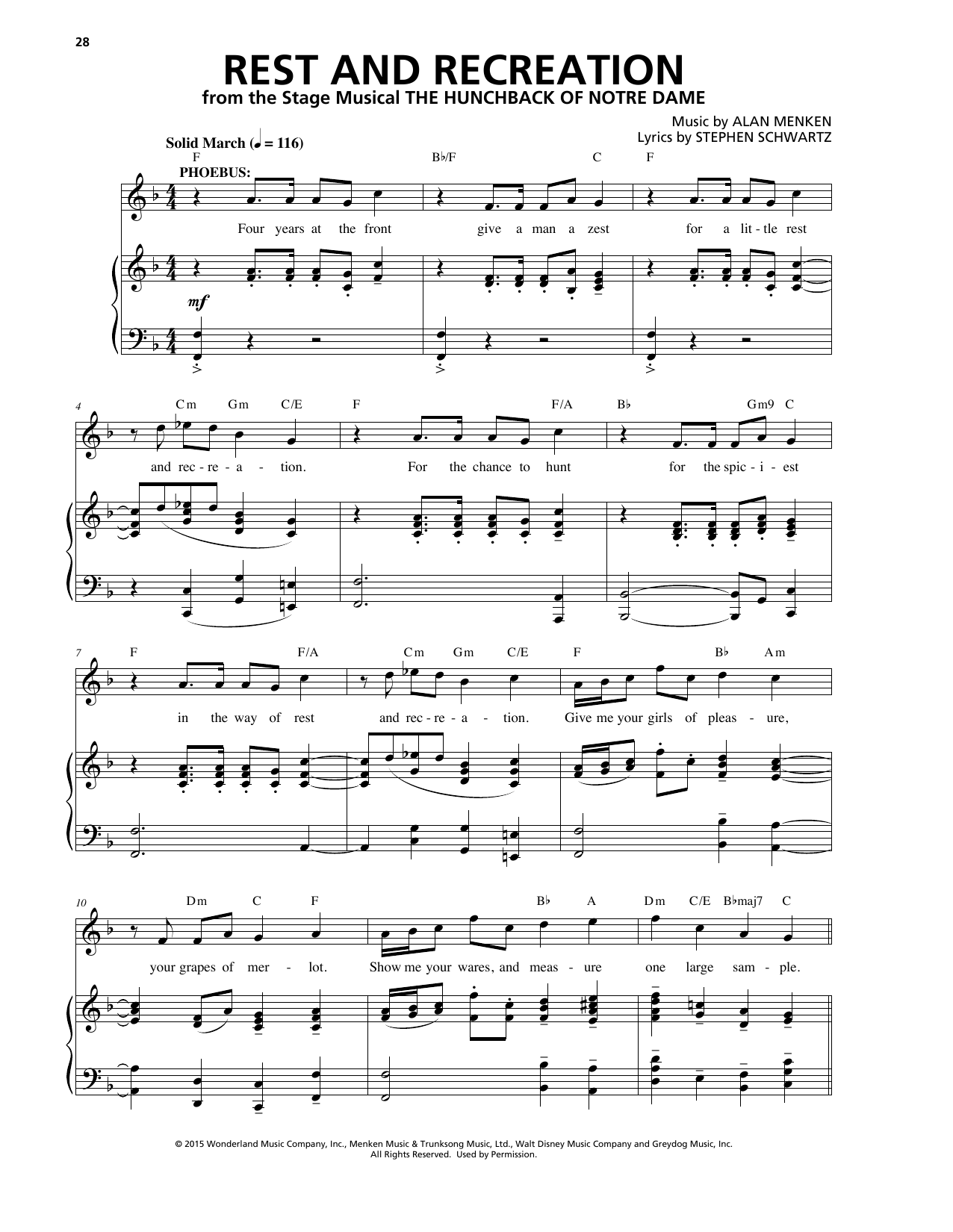 Alan Menken Rest And Recreation sheet music, chords, lyrics - Printable PDF for Piano & Vocal