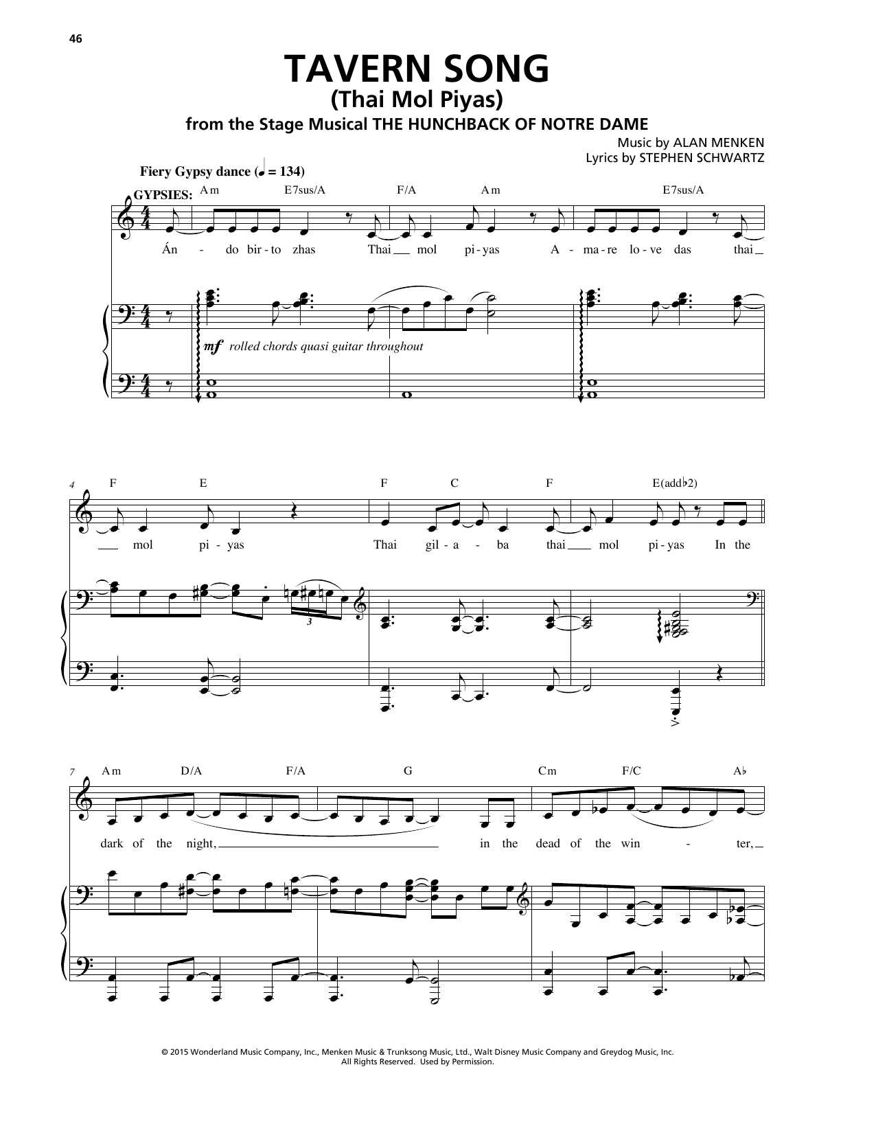 Alan Menken Tavern Song (Thai Mol Piyas) sheet music, chords, lyrics - Printable PDF for Piano & Vocal