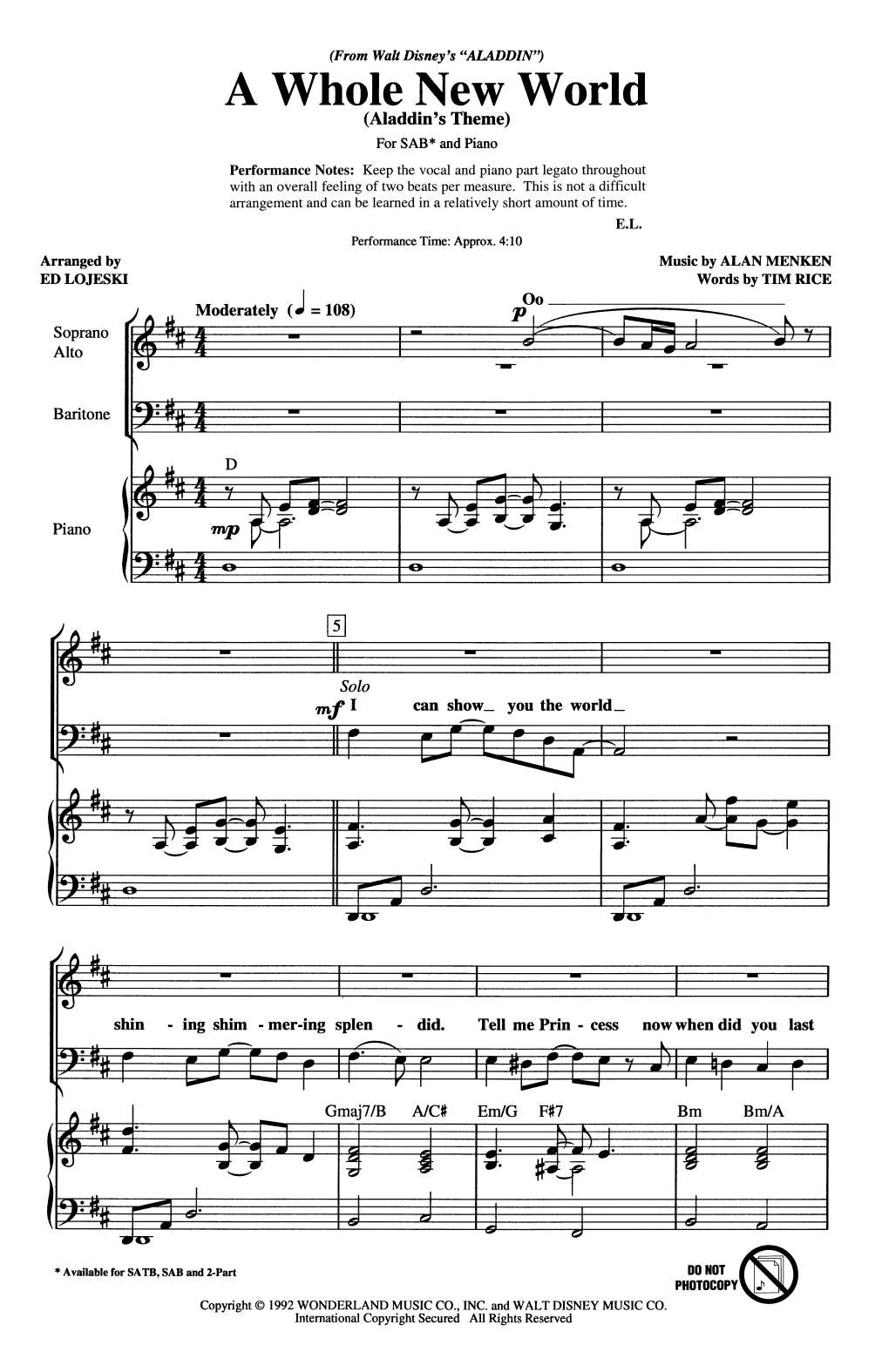 Alan Menken A Whole New World (Aladdin's Theme) (from Disney's Aladdin) (arr. Ed Lojeski) sheet music, chords, lyrics - Printable PDF for SAB Choir