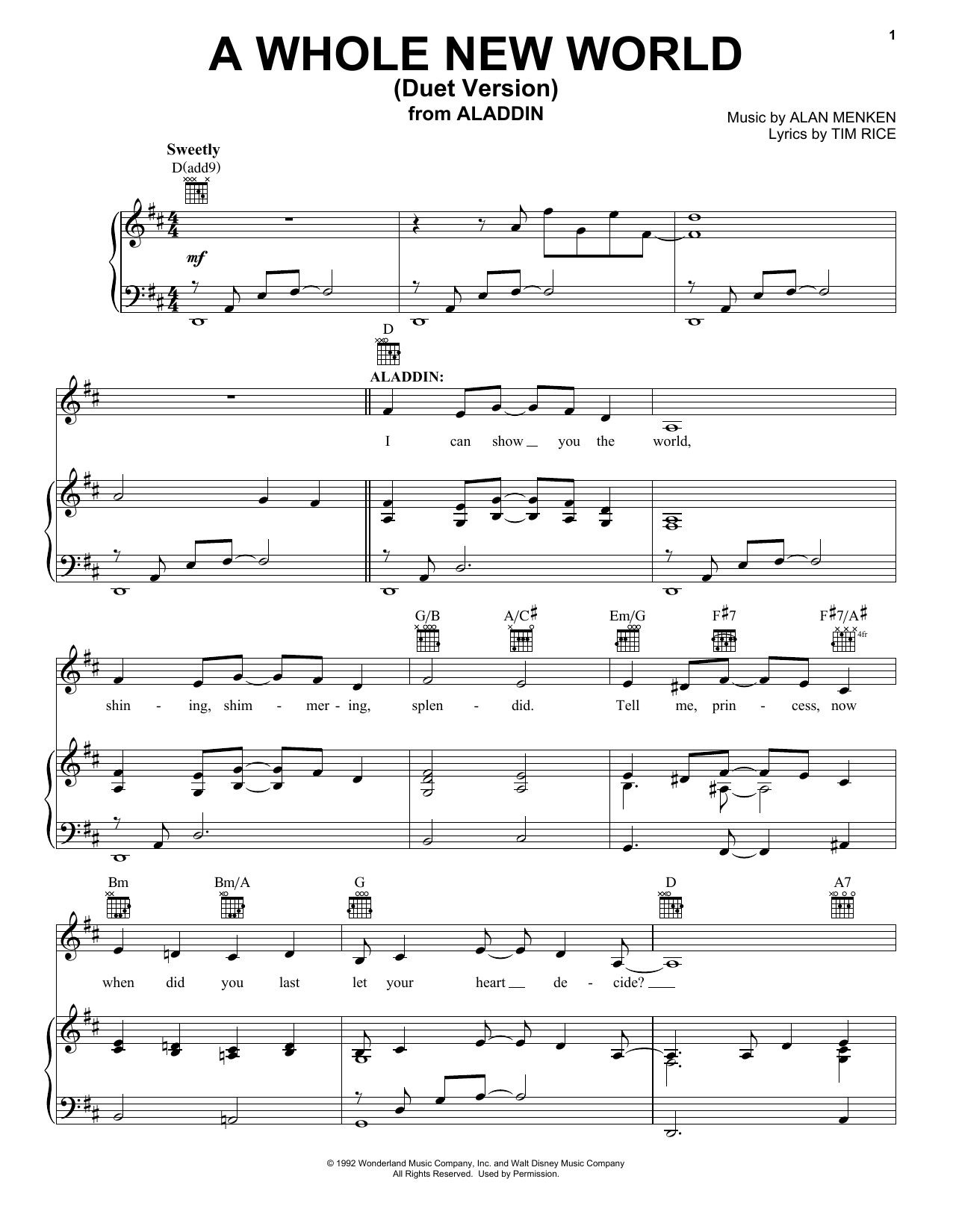 Alan Menken A Whole New World (Duet Version) (from Aladdin) sheet music, chords, lyrics - Printable PDF for Piano, Vocal & Guitar (Right-Hand Melody)