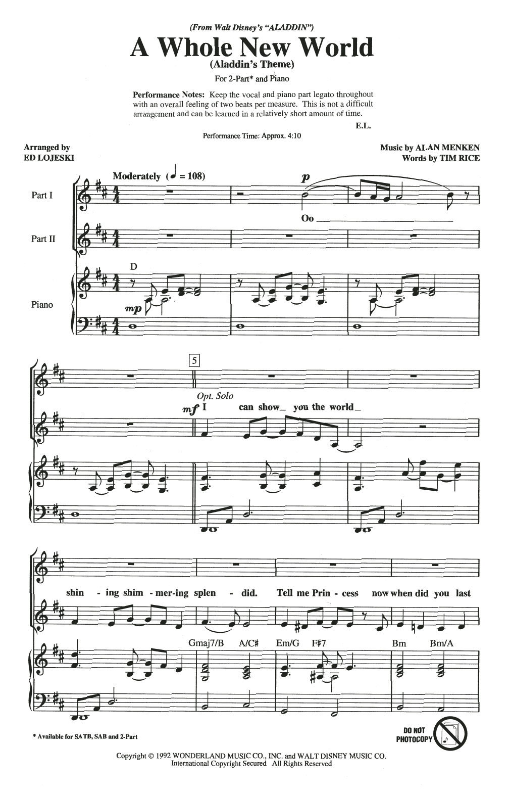 Alan Menken A Whole New World (Aladdin's Theme) (from Disney's Aladdin) (arr. Ed Lojeski) sheet music, chords, lyrics - Printable PDF for 2-Part Choir