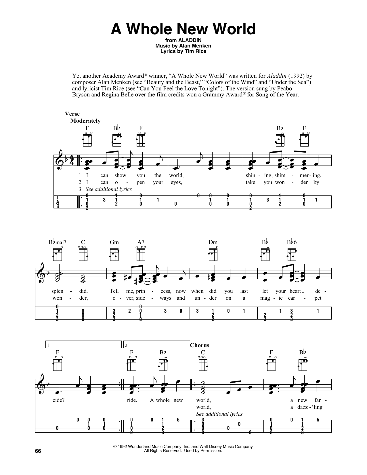 Alan Menken A Whole New World (from Aladdin) (arr. Fred Sokolow) sheet music, chords, lyrics - Printable PDF for Easy Ukulele Tab